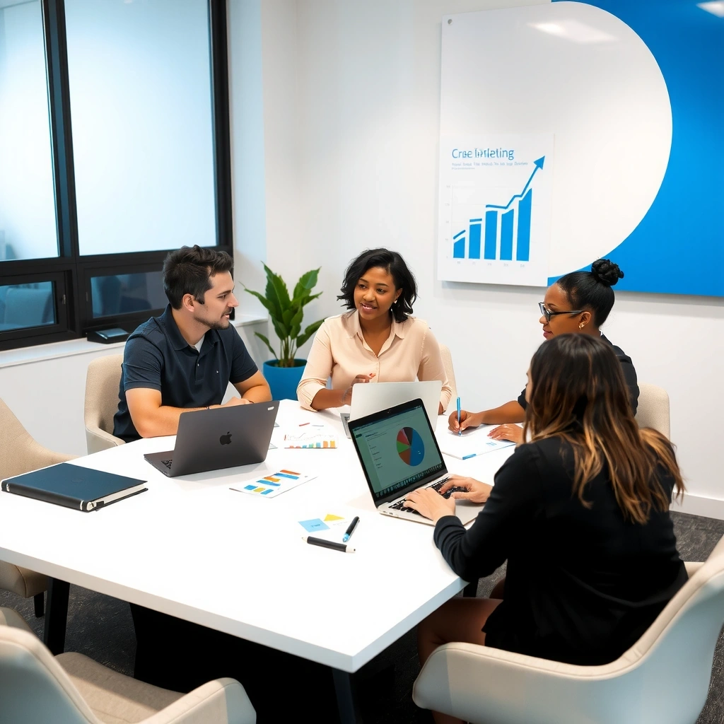 Professional marketing team collaborating on strategy and creative campaigns