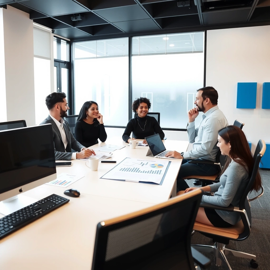 Marketing professionals working together in a modern office environment